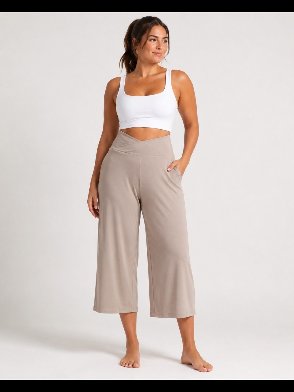 Wide-Leg V-Waist Crop Pants in Taupe